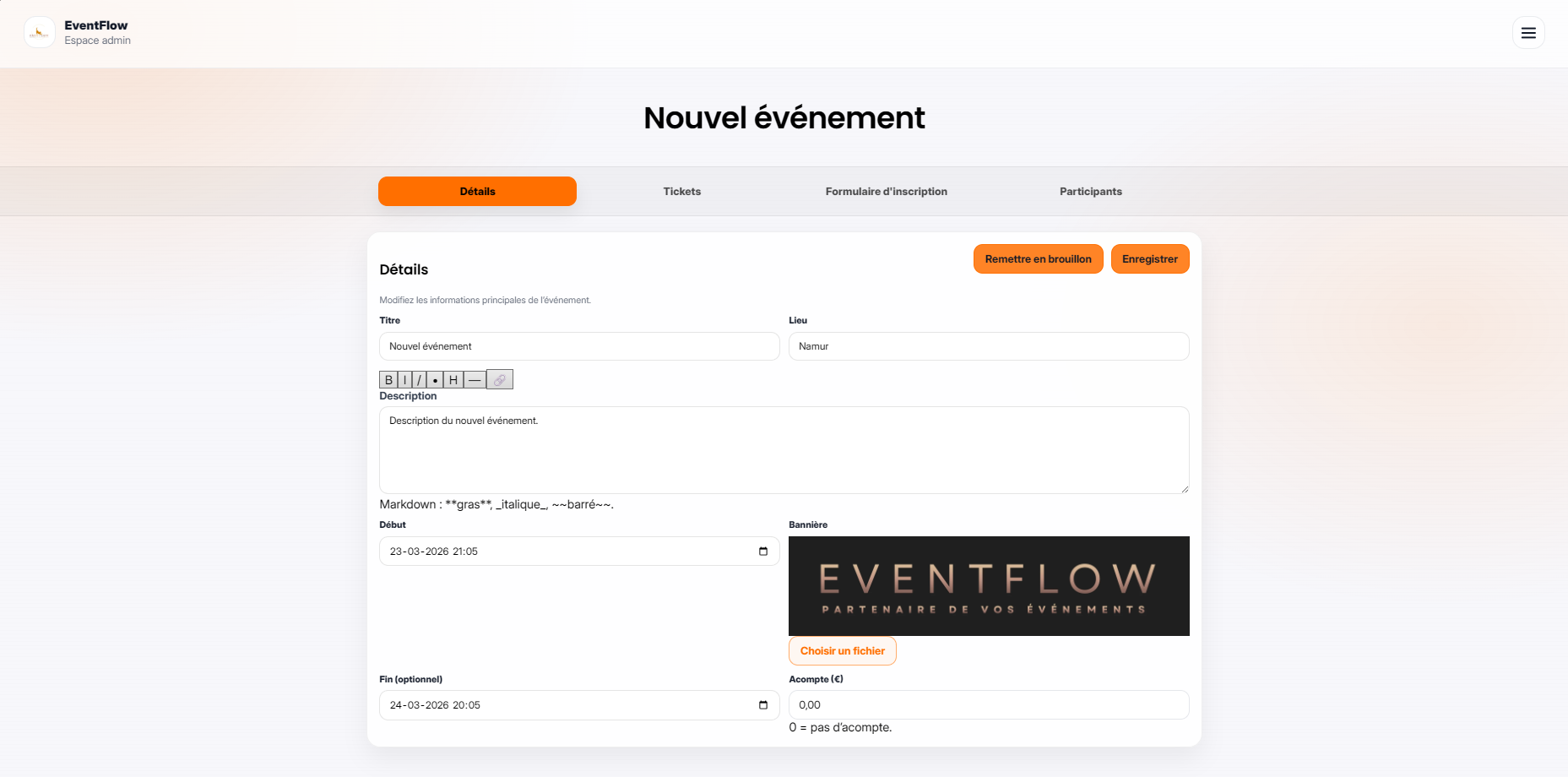Vue création d’événement EventFlow