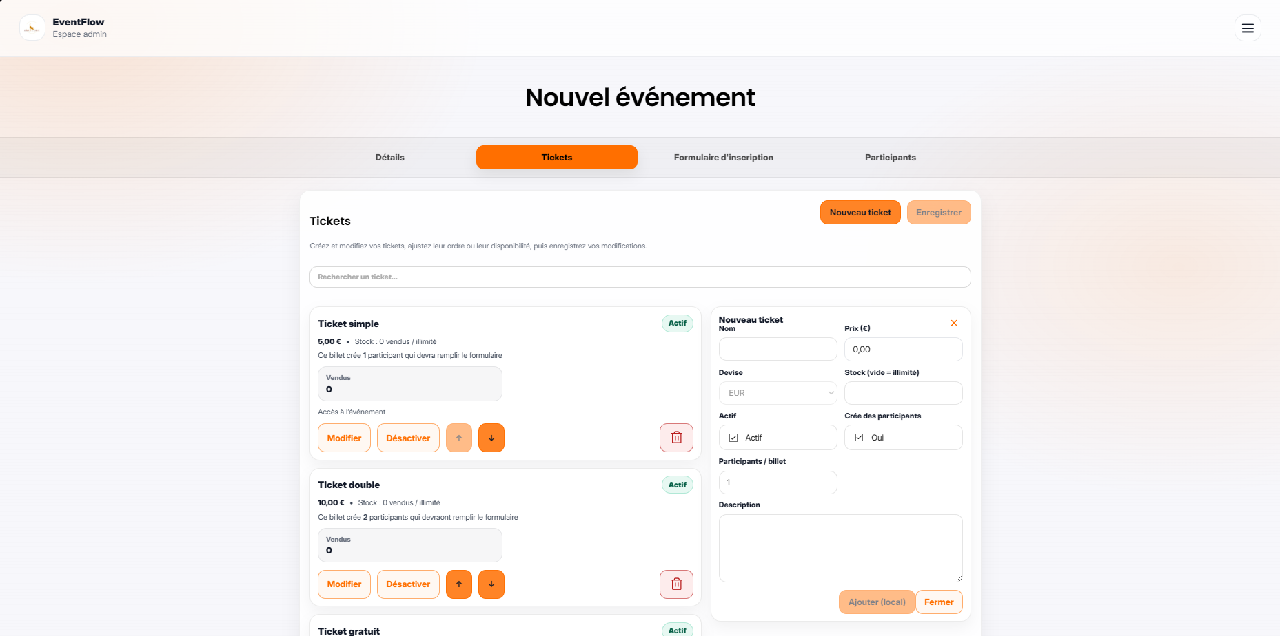Vue gestion des billets EventFlow
